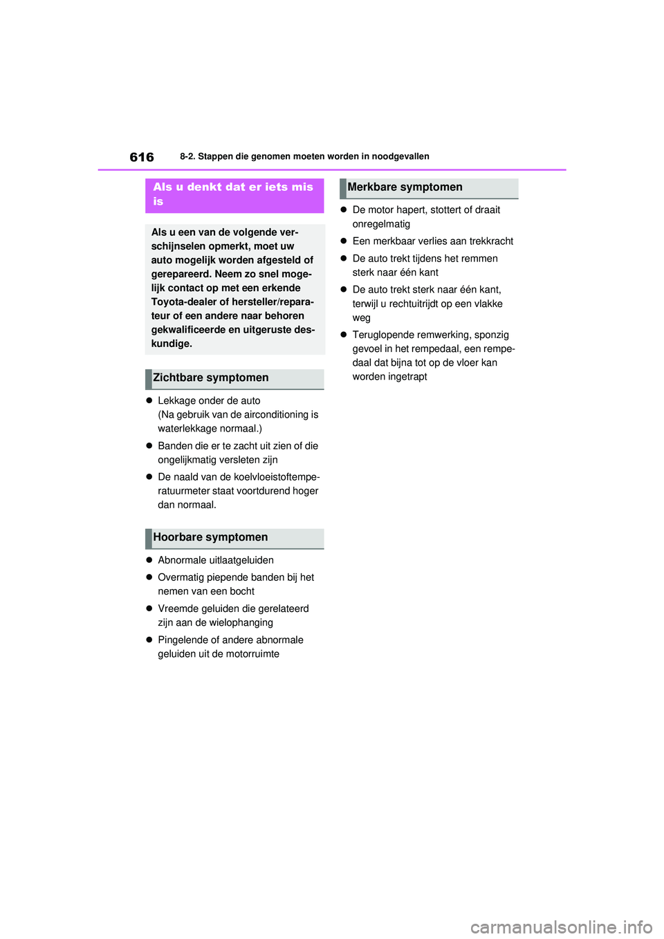 TOYOTA RAV4 2021  Instructieboekje (in Dutch) 6168-2. Stappen die genomen moeten worden in noodgevallen
Lekkage onder de auto
(Na gebruik van de airconditioning is 
waterlekkage normaal.)
 Banden die er te zacht uit zien of die 
ongelijkmat
