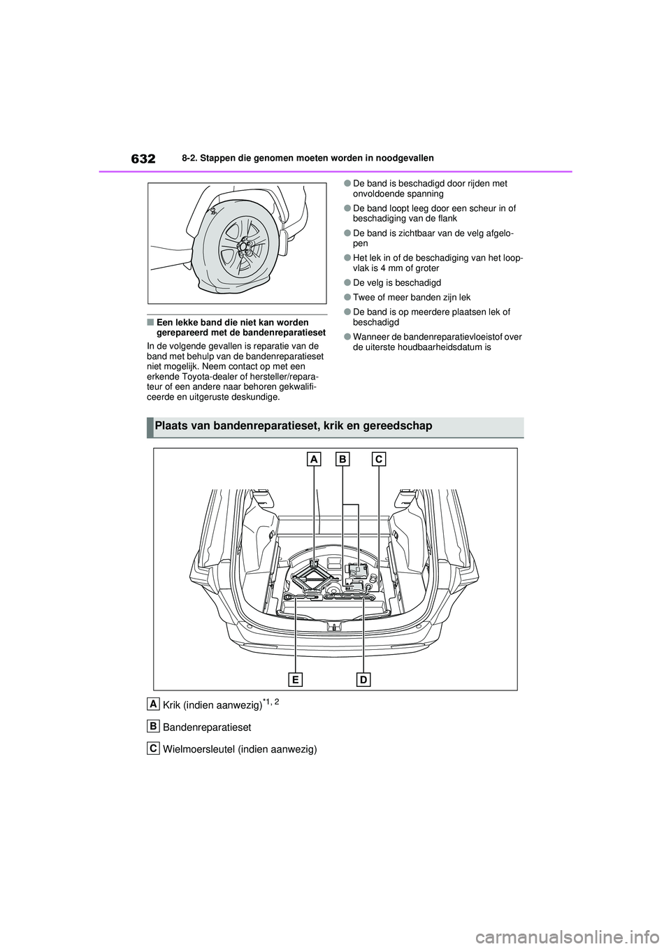 TOYOTA RAV4 2021  Instructieboekje (in Dutch) 6328-2. Stappen die genomen moeten worden in noodgevallen
■Een lekke band die niet kan worden 
gerepareerd met de bandenreparatieset
In de volgende gevallen is reparatie van de 
band met behulp van 