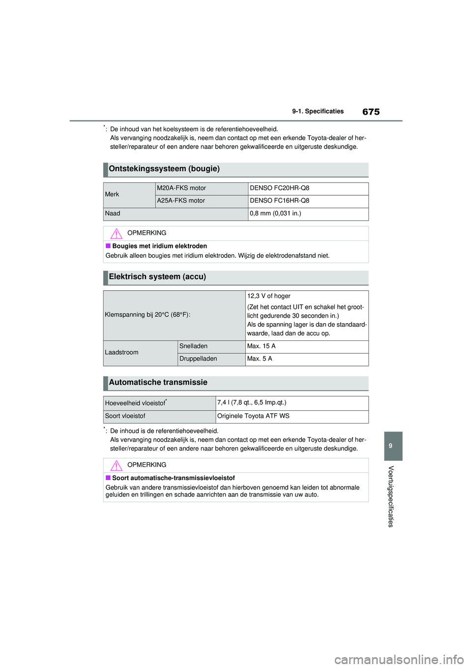 TOYOTA RAV4 2021  Instructieboekje (in Dutch) 675
9
9-1. Specificaties
Voertuigspecificaties
*: De inhoud van het koelsysteem
 is de referentiehoeveelheid.
Als vervanging noodzakelijk is,  neem dan contact op met een erkende Toyota-dealer of her-
