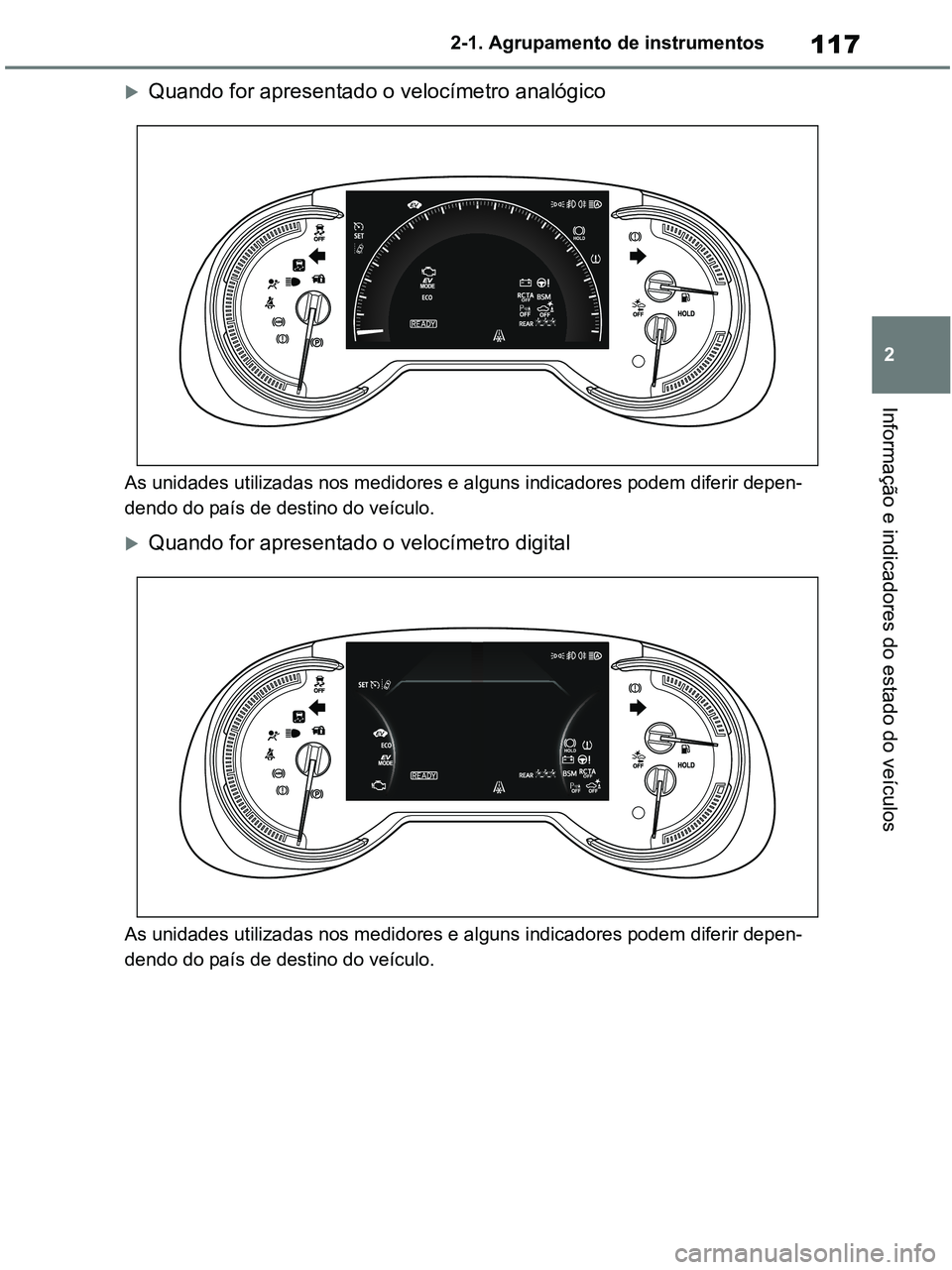 TOYOTA RAV4 2021  Manual de utilização (in Portuguese) 117
2 2-1. Agrupamento de instrumentos
Informação e indicadores do estado do veículos
Quando for apresentado o velocímetro analógico
As unidades utilizadas nos medidores e alguns indicadores p