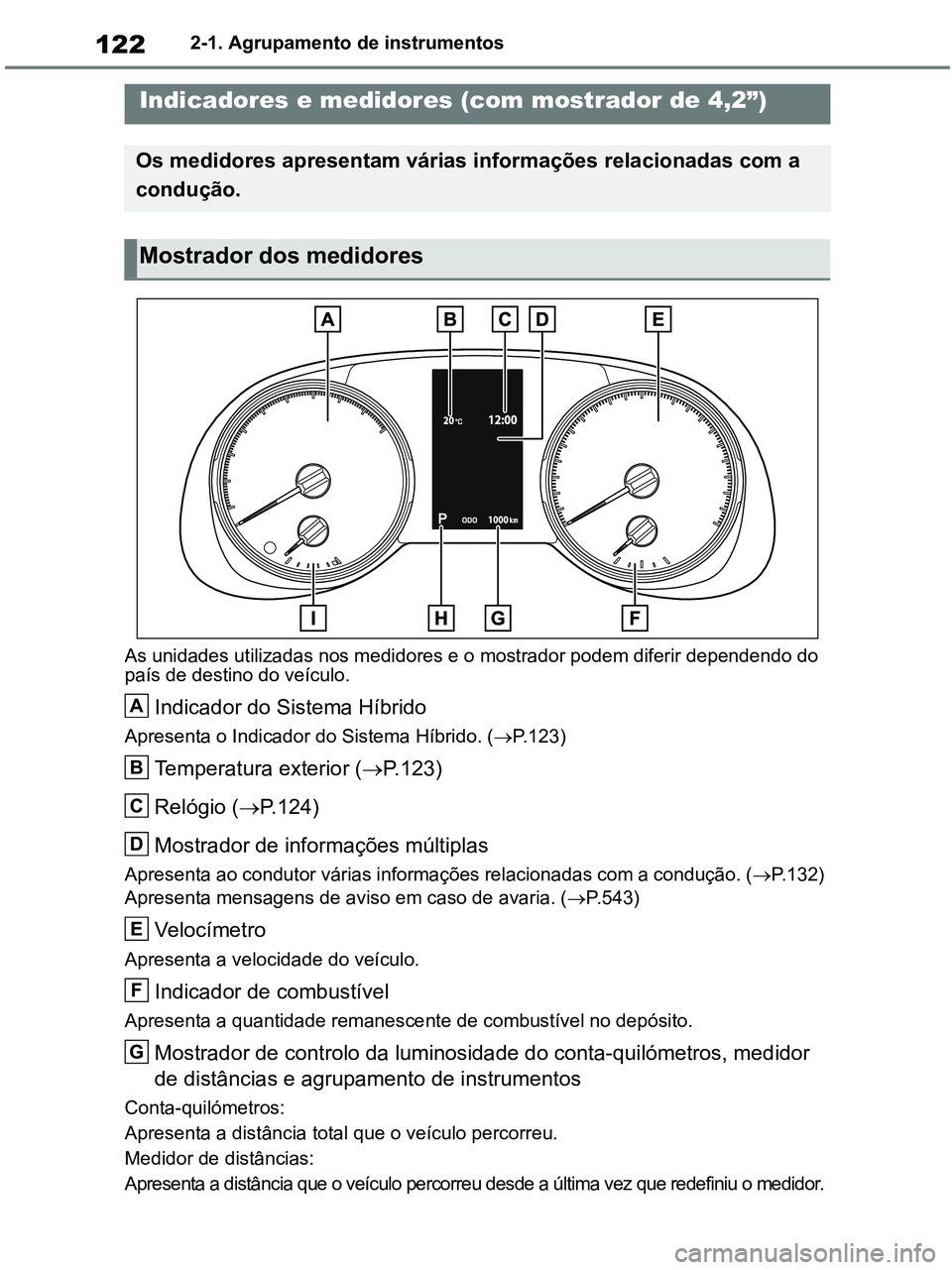 TOYOTA RAV4 2021  Manual de utilização (in Portuguese) 1222-1. Agrupamento de instrumentos
As unidades utilizadas nos medidores e o mostrador podem diferir dependendo do 
país de destino do veículo.
Indicador do Sistema Híbrido
Apresenta o Indicador do