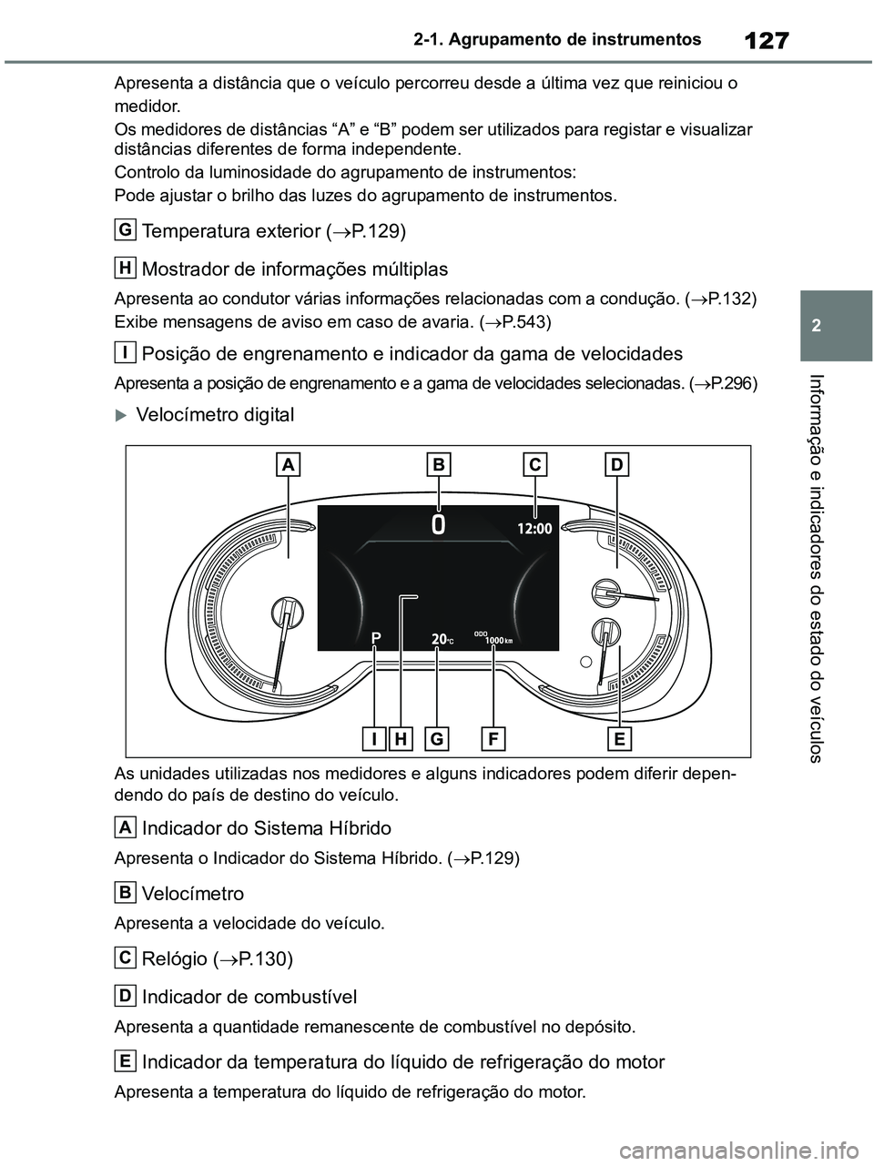 TOYOTA RAV4 2021  Manual de utilização (in Portuguese) 127
2 2-1. Agrupamento de instrumentos
Informação e indicadores do estado do veículos
Apresenta a distância que o veículo percorreu desde a última vez que reiniciou o 
medidor. 
Os medidores de 