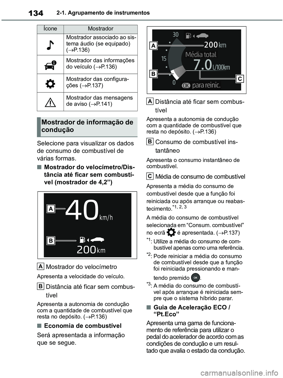 TOYOTA RAV4 2021  Manual de utilização (in Portuguese) 1342-1. Agrupamento de instrumentos
Selecione para visualizar os dados 
de consumo de combustível de 
várias formas.
■Mostrador do velocímetro/Dis-
tância até ficar sem combustí-
vel (mostrado