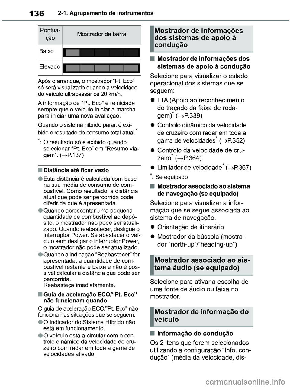 TOYOTA RAV4 2021  Manual de utilização (in Portuguese) 1362-1. Agrupamento de instrumentos
Após o arranque, o mostrador “Pt. Eco” 
só será visualizado quando a velocidade 
do veículo ultrapassar os 20 km/h.
A informação de “Pt. Eco” é reini