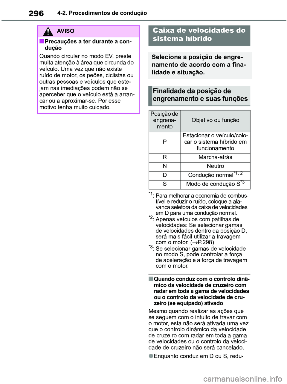 TOYOTA RAV4 2021 Manual de utilização (in Portuguese) 2964-2. Procedimentos de condução
*1: Para melhorar a economia de combus-
tível e reduzir o ruído, coloque a ala-
vanca seletora da caixa de velocidades
em D para uma condução normal.
*2: Apena TOYOTA RAV4 2021 Manual de utilização (in Portuguese) 2964-2. Procedimentos de condução
*1: Para melhorar a economia de combus-
tível e reduzir o ruído, coloque a ala-
vanca seletora da caixa de velocidades
em D para uma condução normal.
*2: Apena