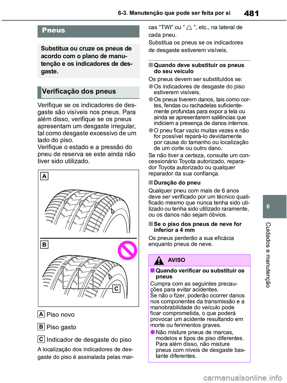 TOYOTA RAV4 2021  Manual de utilização (in Portuguese) 481
6 6-3. Manutenção que pode ser feita por si
Cuidados e manutenção
Verifique se os indicadores de des-
gaste são visíveis nos pneus. Para 
além disso, verifique se os pneus 
apresentam um de