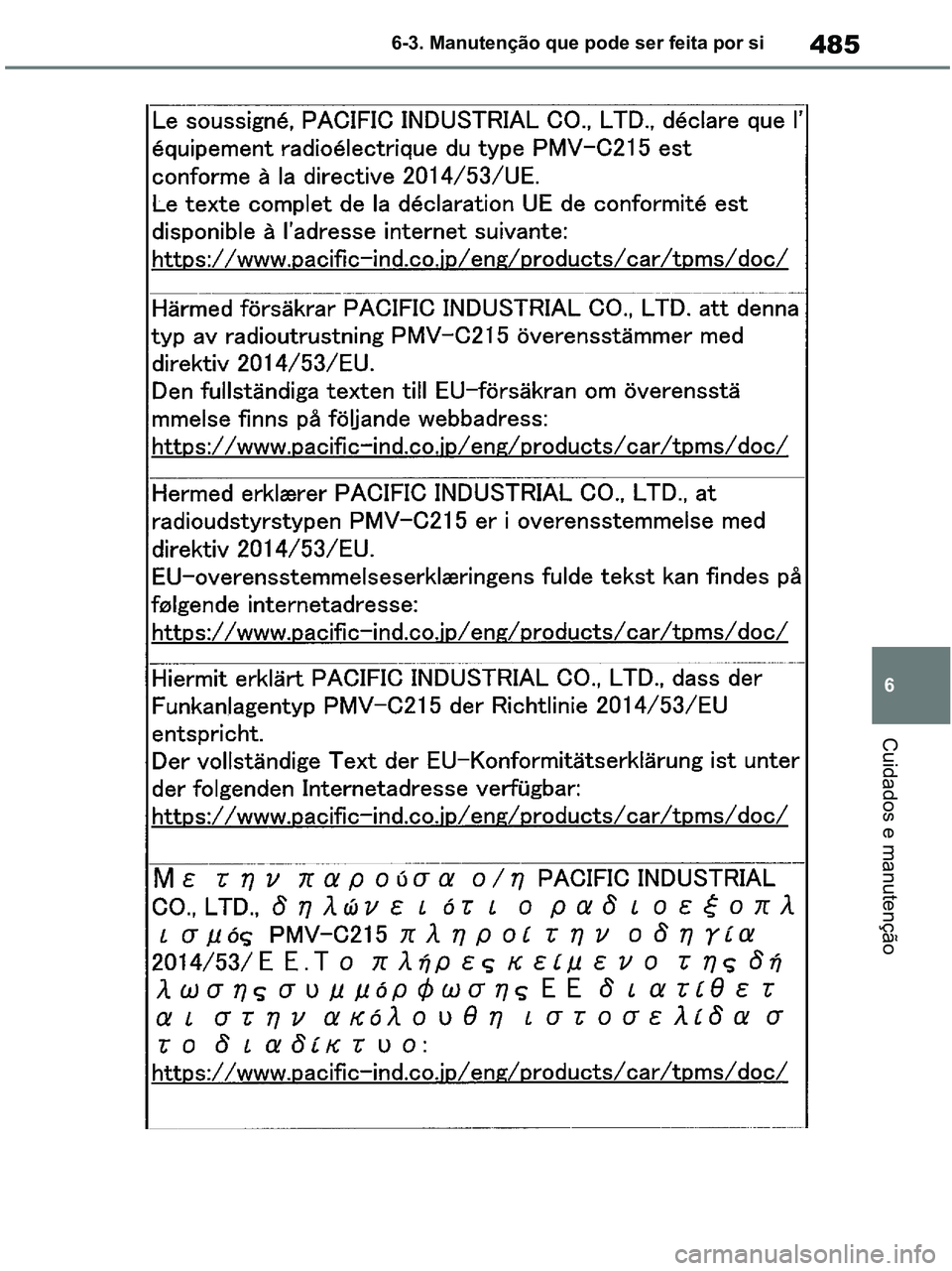 TOYOTA RAV4 2021  Manual de utilização (in Portuguese) 485
6 6-3. Manutenção que pode ser feita por si
Cuidados e manutenção
pM_RAV4-HV_OM_OM42D32PT.book  Page 485  Wednesday, January 27, 2021  6:28 PM 