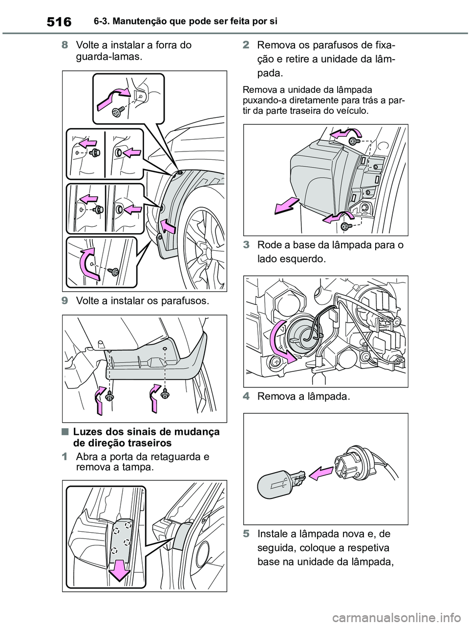 TOYOTA RAV4 2021  Manual de utilização (in Portuguese) 5166-3. Manutenção que pode ser feita por si
8Volte a instalar a forra do 
guarda-lamas.
9Volte a instalar os parafusos.
■Luzes dos sinais de mudança 
de direção traseiros
1Abra a porta da reta
