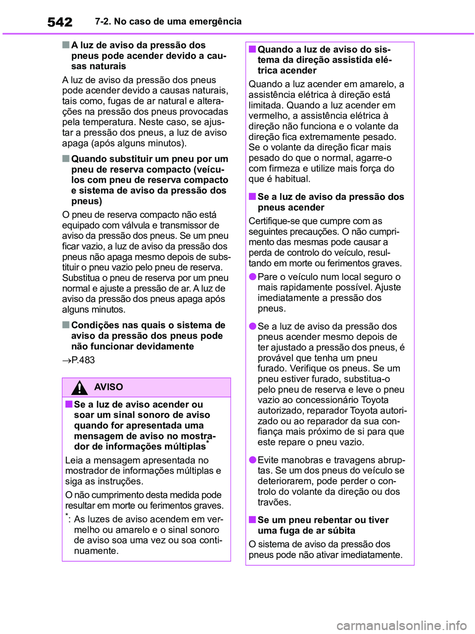 TOYOTA RAV4 2021  Manual de utilização (in Portuguese) 5427-2. No caso de uma emergência
■A luz de aviso da pressão dos 
pneus pode acender devido a cau-
sas naturais 
A luz de aviso da pressão dos pneus 
pode acender devido a causas naturais, 
tais 