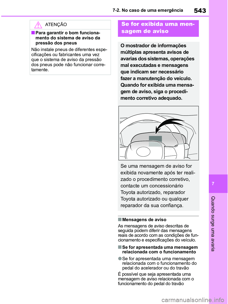 TOYOTA RAV4 2021  Manual de utilização (in Portuguese) 543
7 7-2. No caso de uma emergência
Quando surge uma avaria
■Mensagens de aviso
As mensagens de aviso descritas de 
seguida podem diferir das mensagens 
reais de acordo com as condições de fun-
