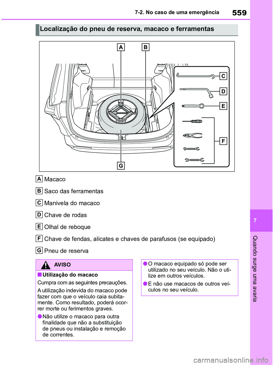 TOYOTA RAV4 2021  Manual de utilização (in Portuguese) 559
7 7-2. No caso de uma emergência
Quando surge uma avaria
Macaco
Saco das ferramentas
Manivela do macaco
Chave de rodas 
Olhal de reboque
Chave de fendas, alicates e chaves de parafusos (se equipa