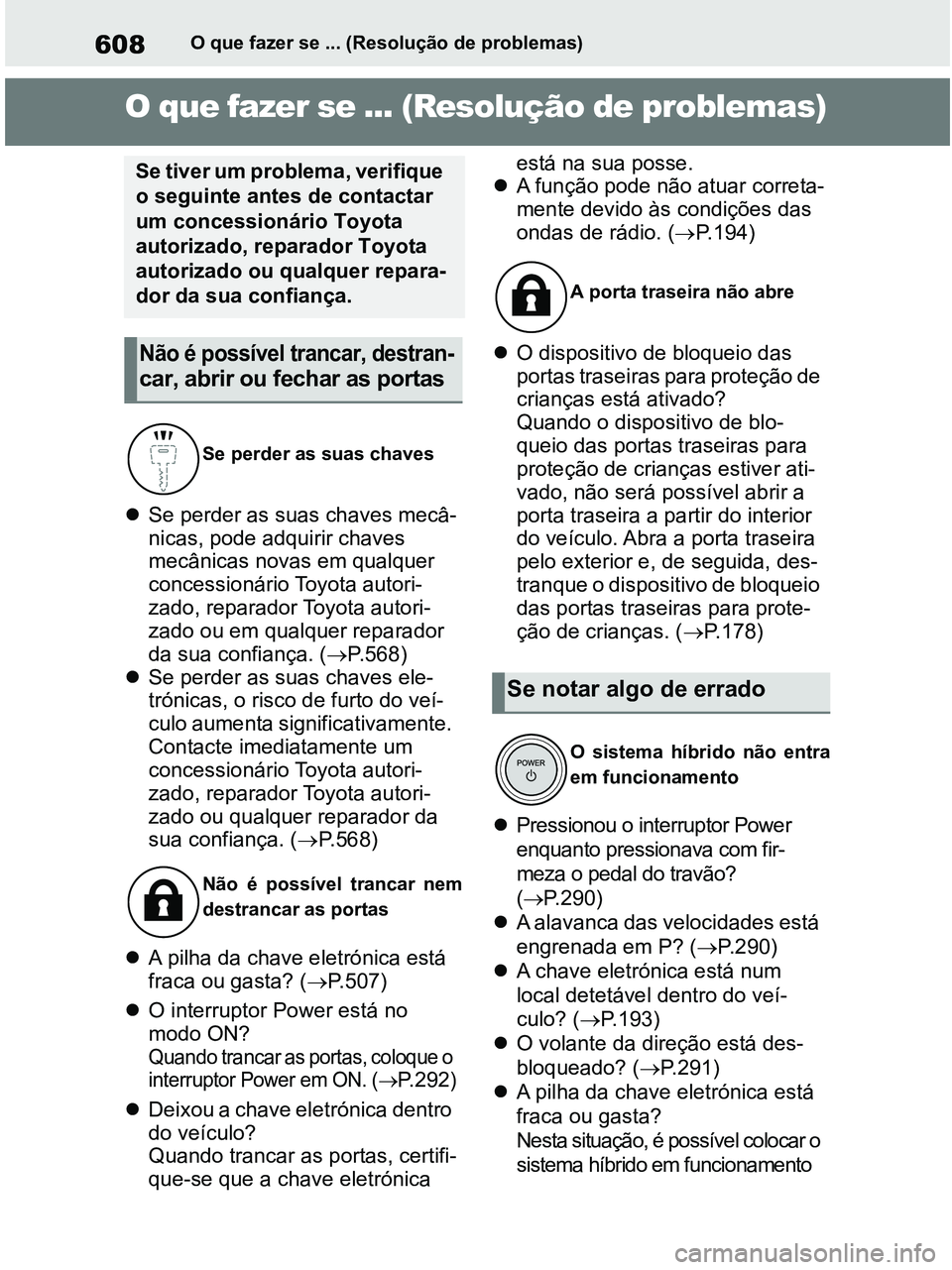 TOYOTA RAV4 2021 Manual de utilização (in Portuguese) 608O que fazer se ... (Resolução de problemas)
1-1.What to do if... (Troubleshooting)O que fazer se ... (Resolução de problemas)
Se perder as suas chaves mecâ-
nicas, pode adquirir chaves
mec TOYOTA RAV4 2021 Manual de utilização (in Portuguese) 608O que fazer se ... (Resolução de problemas)
1-1.What to do if... (Troubleshooting)O que fazer se ... (Resolução de problemas)
Se perder as suas chaves mecâ-
nicas, pode adquirir chaves
mec