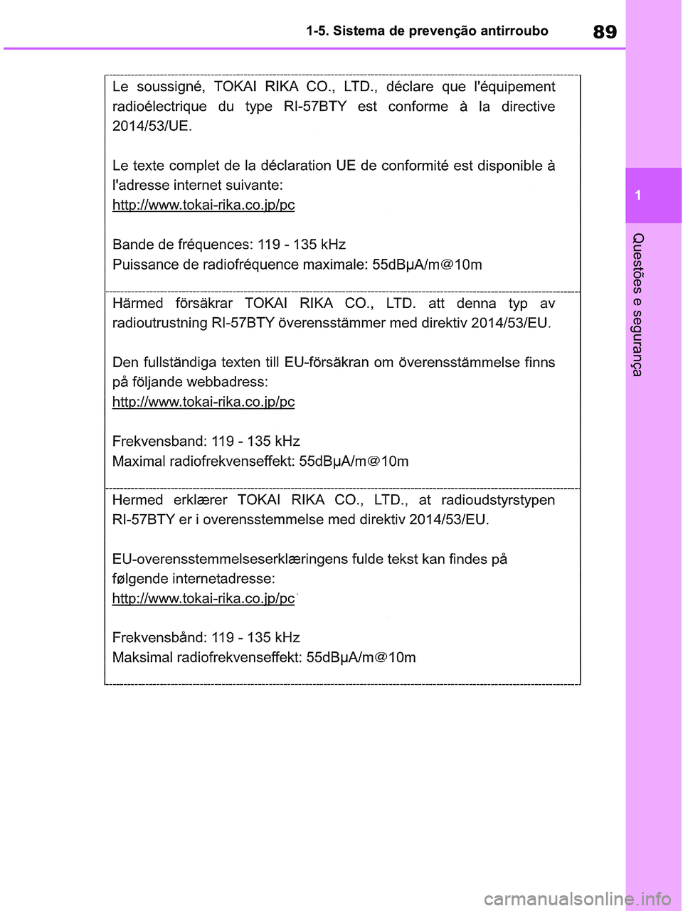 TOYOTA RAV4 2021  Manual de utilização (in Portuguese) 89
1
Questões e segurança
pM_RAV4-HV_OM_OM42D32PT.book  Page 89  Wednesday, January 27, 2021  6:28 PM
1-5. Sistema de prevenção antirroubo 