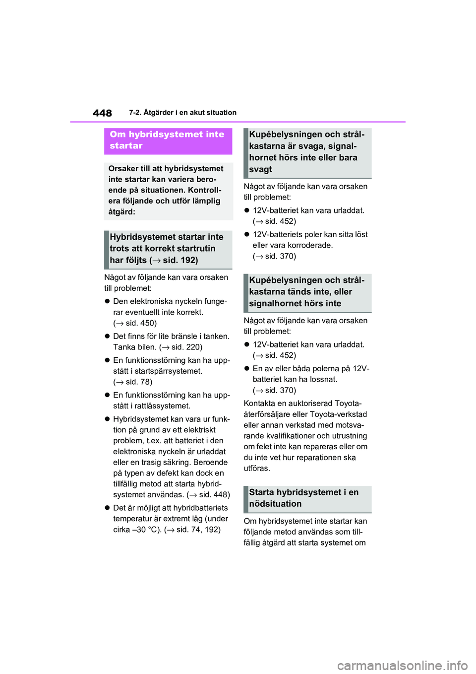 TOYOTA RAV4 2021 Bruksanvisningar (in Swedish) 4487-2. Åtgärder i en akut situation
OM42D32SE
Något av följande kan vara orsaken
till problemet:
Den elektroniska nyckeln funge-
rar eventuellt inte korrekt.
(→ sid. 450)
Det finns fö TOYOTA RAV4 2021 Bruksanvisningar (in Swedish) 4487-2. Åtgärder i en akut situation
OM42D32SE
Något av följande kan vara orsaken
till problemet:
Den elektroniska nyckeln funge-
rar eventuellt inte korrekt.
(→ sid. 450)
Det finns fö