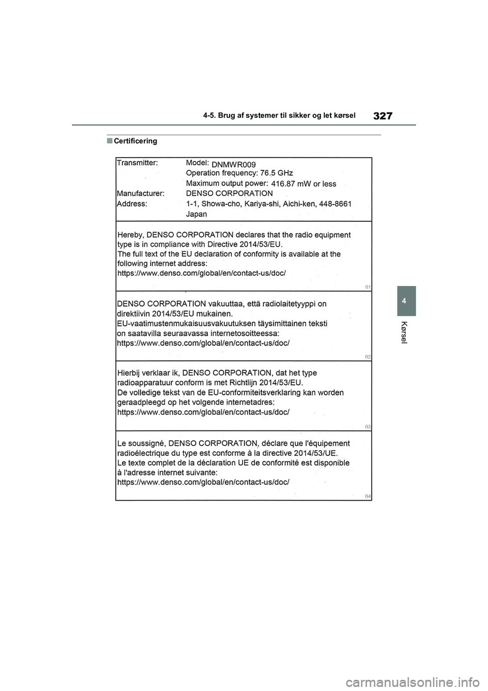 TOYOTA RAV4 2020  Brugsanvisning (in Danish) 327
4
4-5. Brug af systemer til sikker og let kørsel
Kørsel
nCertificering
OM42D20DK.book  Page 327  Friday, November 27, 2020  1:56 PM 