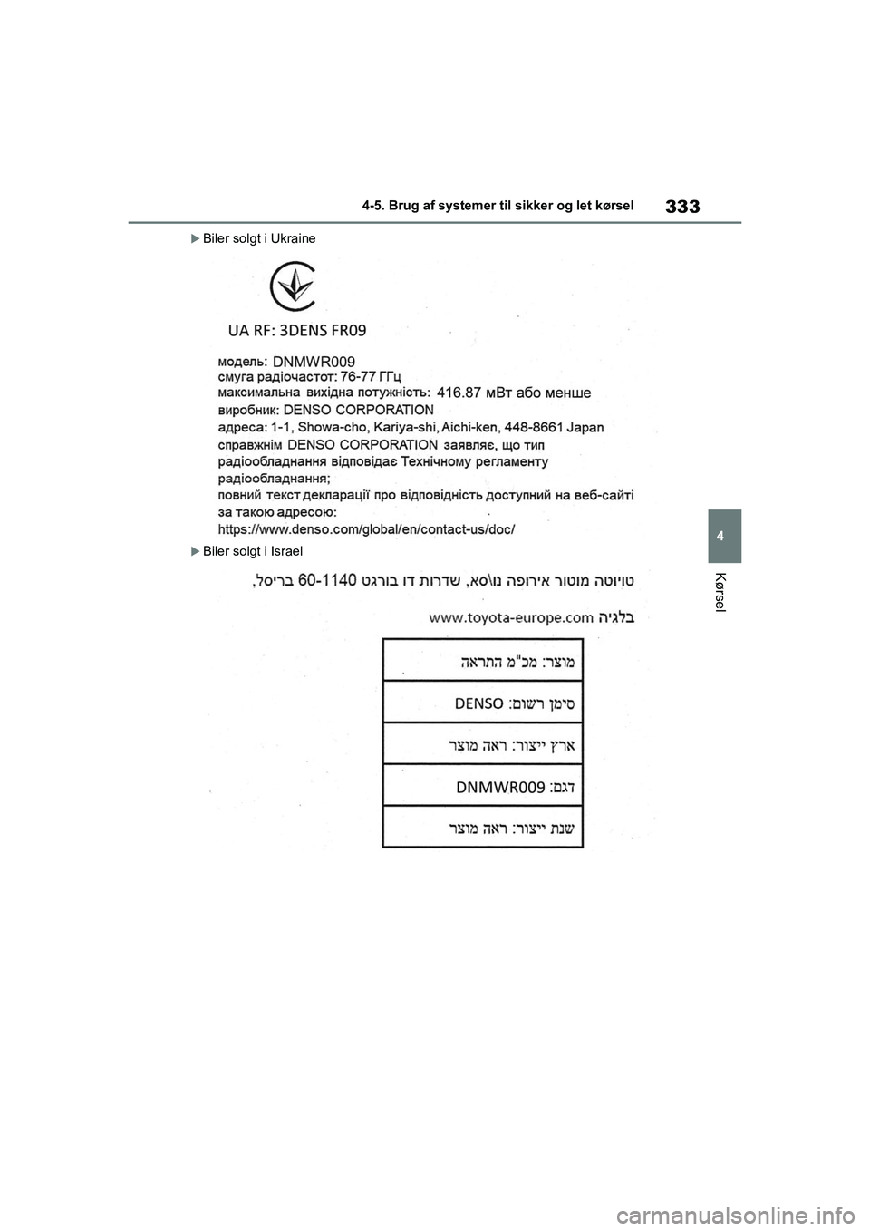 TOYOTA RAV4 2020  Brugsanvisning (in Danish) 333
4
4-5. Brug af systemer til sikker og let kørsel
Kørsel
Biler solgt i Ukraine
Biler solgt i Israel
OM42D20DK.book  Page 333  Friday, November 27, 2020  1:56 PM 