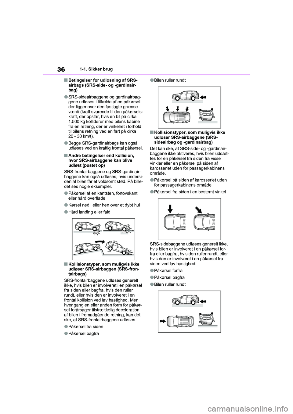 TOYOTA RAV4 2020 Brugsanvisning (in Danish) 361-1. Sikker brug
nBetingelser for udløsning af SRS-
airbags (SRS-side- og -gardinair-
bag)
lSRS-sideairbaggene og gardinairbag-
gene udløses i tilfælde af en påkørsel,
der ligger over den fast TOYOTA RAV4 2020 Brugsanvisning (in Danish) 361-1. Sikker brug
nBetingelser for udløsning af SRS-
airbags (SRS-side- og -gardinair-
bag)
lSRS-sideairbaggene og gardinairbag-
gene udløses i tilfælde af en påkørsel,
der ligger over den fast