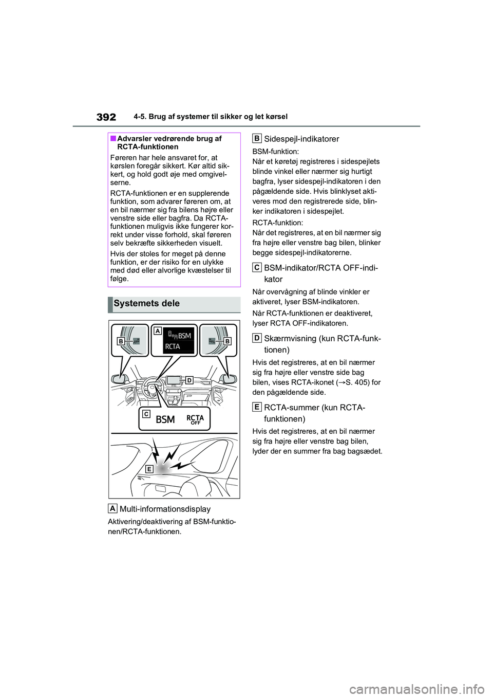 TOYOTA RAV4 2020  Brugsanvisning (in Danish) 3924-5. Brug af systemer til sikker og let kørsel
Multi-informationsdisplay
Aktivering/deaktivering af BSM-funktio-
nen/RCTA-funktionen.
Sidespejl-indikatorer
BSM-funktion:
Når et køretøj registre