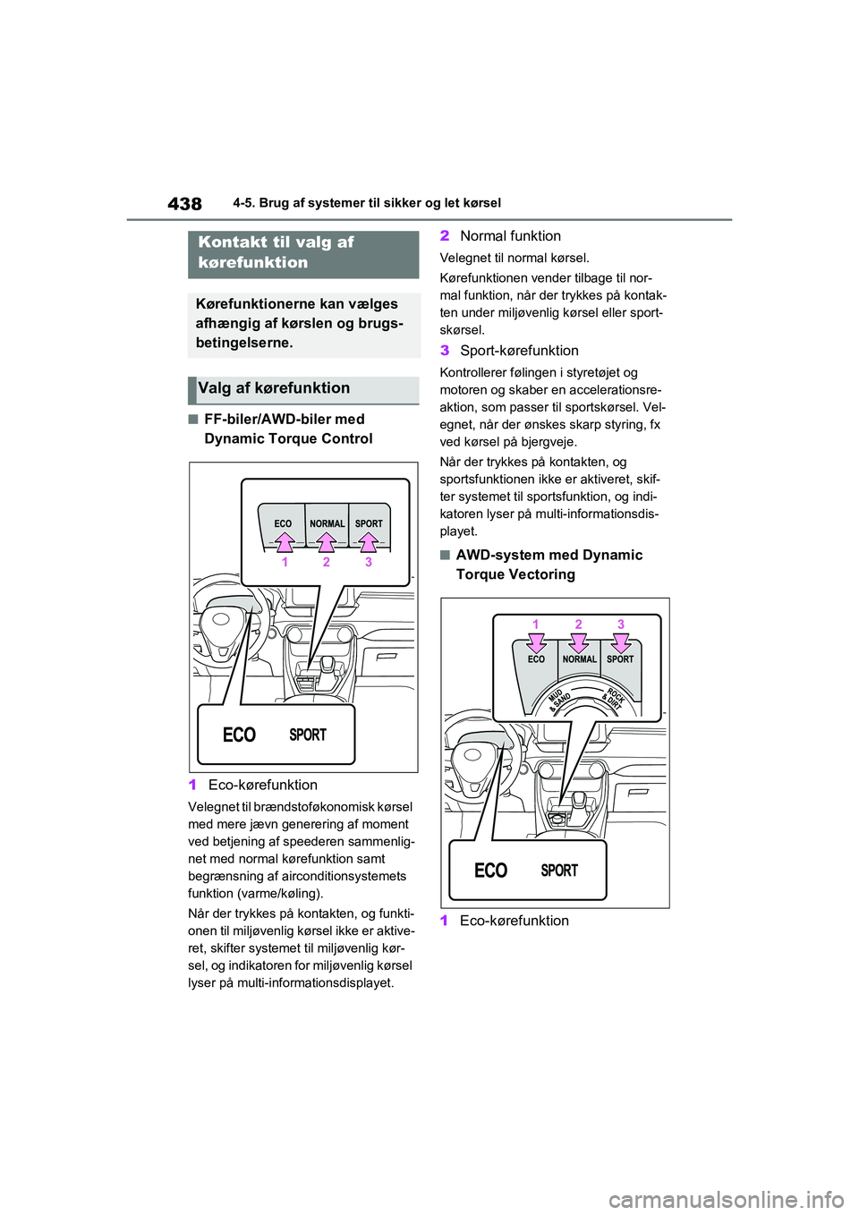 TOYOTA RAV4 2020  Brugsanvisning (in Danish) 4384-5. Brug af systemer til sikker og let kørsel
nFF-biler/AWD-biler med 
Dynamic Torque Control
1 Eco-kørefunktion
Velegnet til brændstoføkonomisk kørsel 
med mere jævn generering af moment 
v