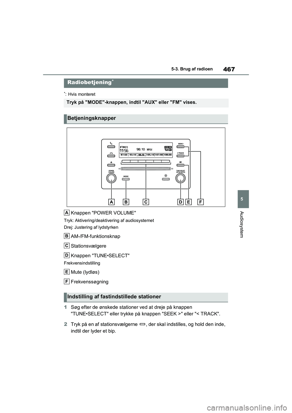 TOYOTA RAV4 2020  Brugsanvisning (in Danish) 467
5
5-3. Brug af radioen
Audiosystem
5-3.Brug af radioen
*: Hvis monteret
Knappen "POWER VOLUME"
Tryk: Aktivering/deaktivering af audiosystemet
Drej: Justering af lydstyrken
AM-/FM-funktionsknap
Sta