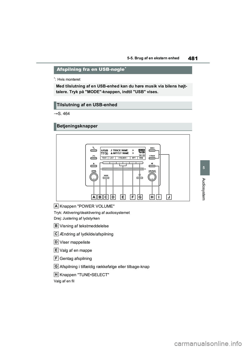TOYOTA RAV4 2020  Brugsanvisning (in Danish) 481
5
5-5. Brug af en ekstern enhed
Audiosystem
*: Hvis monteret

S. 464
Knappen "POWER VOLUME"
Tryk: Aktivering/deaktivering af audiosystemet
Drej: Justering af lydstyrken
Visning af tekstmeddelel