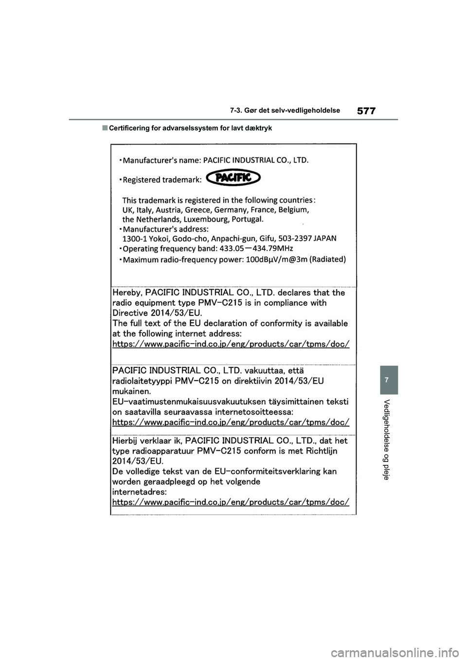TOYOTA RAV4 2020  Brugsanvisning (in Danish) 577
7
7-3. Gør det selv-vedligeholdelse
Vedligeholdelse og pleje
nCertificering for advarselssystem for lavt dæktryk
OM42D20DK.book  Page 577  Friday, November 27, 2020  1:56 PM 