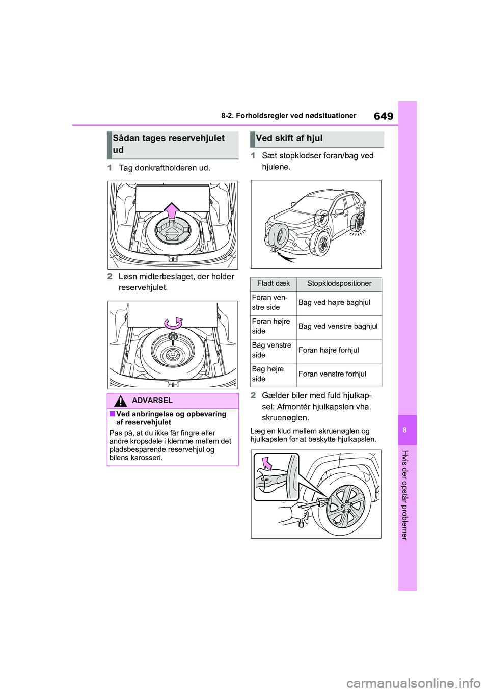 TOYOTA RAV4 2020  Brugsanvisning (in Danish) 649
8
8-2. Forholdsregler ved nødsituationer
Hvis der opstår problemer
1
Tag donkraftholderen ud.
2 Løsn midterbeslaget, der holder 
reservehjulet. 1
Sæt stopklodser foran/bag ved 
hjulene.
2 Gæl