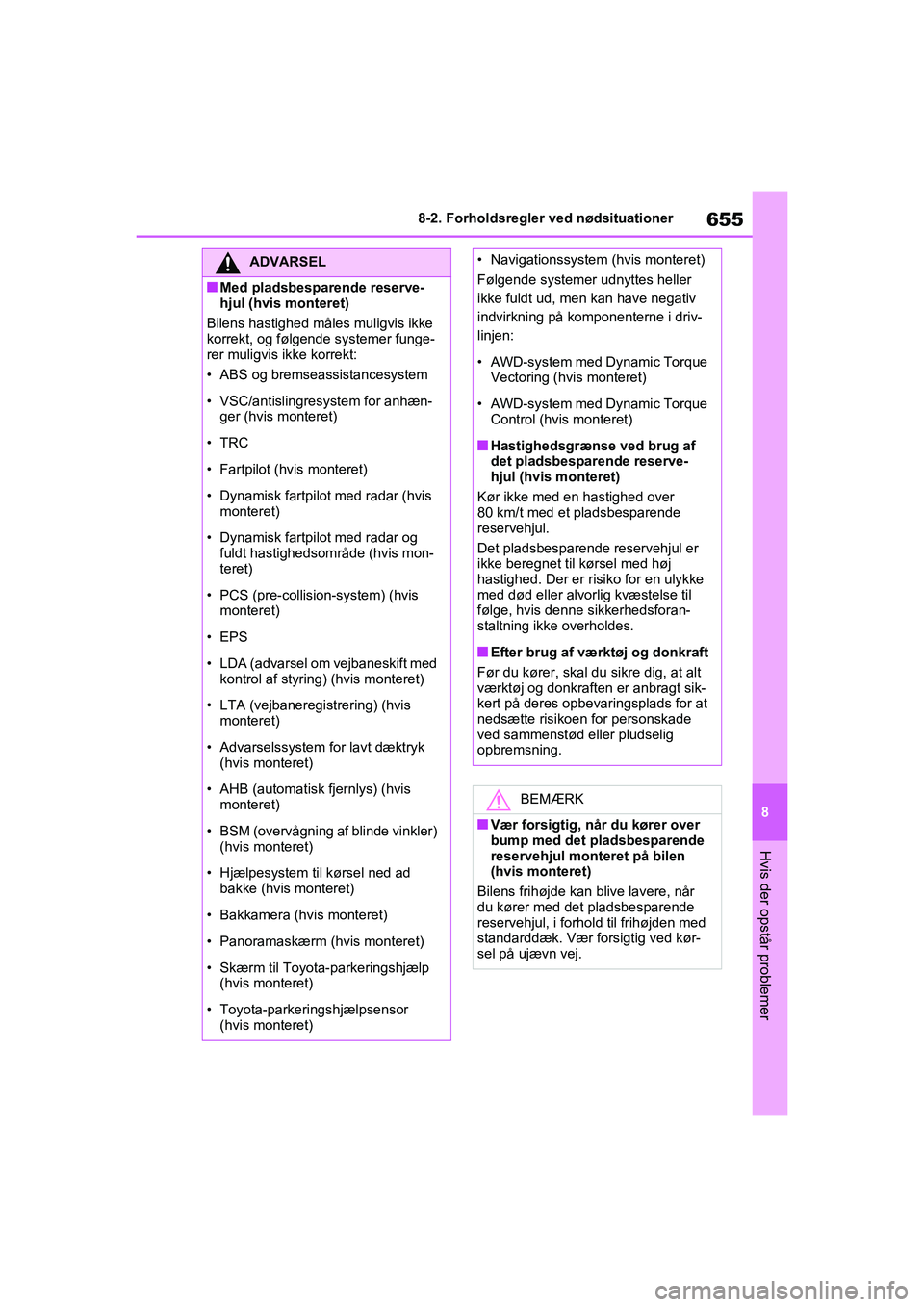 TOYOTA RAV4 2020  Brugsanvisning (in Danish) 655
8
8-2. Forholdsregler ved nødsituationer
Hvis der opstår problemer
ADVARSEL
nMed pladsbesparende reserve-
hjul (hvis monteret)
Bilens hastighed måles muligvis ikke 
korrekt, og følgend e syste