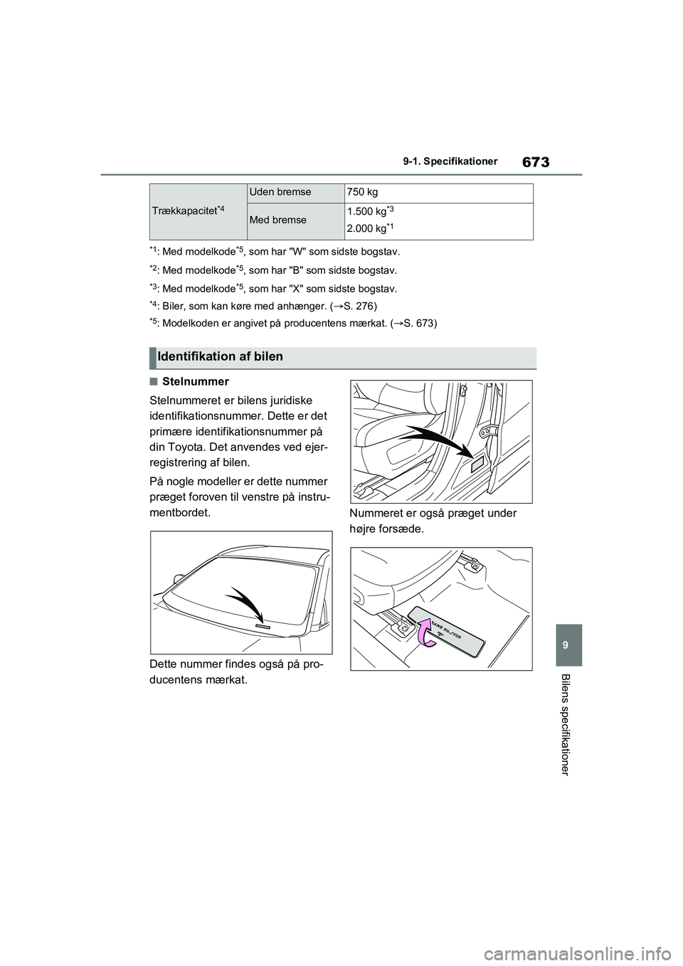 TOYOTA RAV4 2020  Brugsanvisning (in Danish) 673
9
9-1. Specifikationer
Bilens specifikationer
*1: Med modelkode*5, som har "W" som sidste bogstav.
*2: Med modelkode*5, som har "B" som sidste bogstav.
*3: Med modelkode*5, som har "X" som sidste 