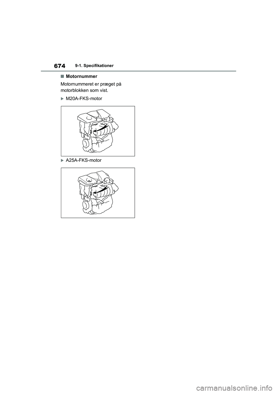 TOYOTA RAV4 2020  Brugsanvisning (in Danish) 6749-1. Specifikationer
nMotornummer
Motornummeret er præget på 
motorblokken som vist.
M20A-FKS-motor
A25A-FKS-motor
OM42D20DK.book  Page 674  Friday, November 27, 2020  1:56 PM 