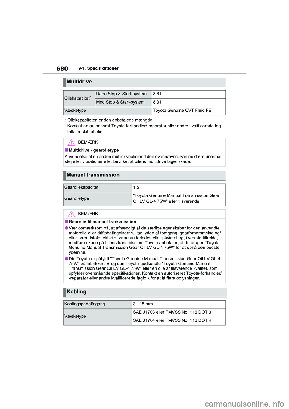TOYOTA RAV4 2020  Brugsanvisning (in Danish) 6809-1. Specifikationer
*: Oliekapaciteten er den anbefalede mængde.Kontakt en autoriseret Toyota-forhandler/ -reparatør eller andre kvalificerede fag-
folk for skift af olie.
Multidrive
Oliekapacit