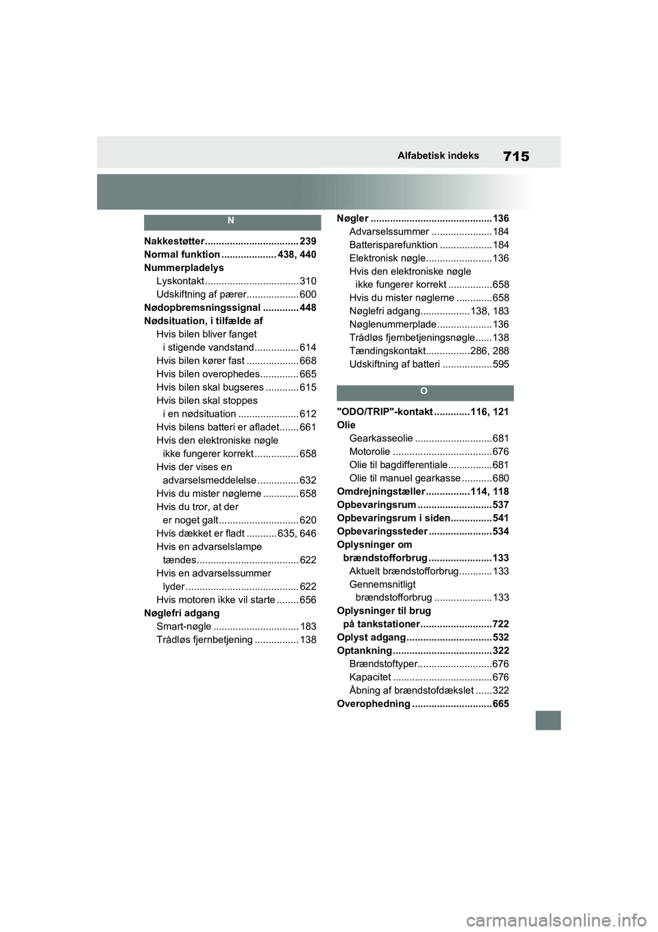 TOYOTA RAV4 2020  Brugsanvisning (in Danish) 715Alfabetisk indeks
N
Nakkestøtter .................................. 239
Normal funktion .................... 438, 440
Nummerpladelys  Lyskontakt .................................. 310
Udskiftning 