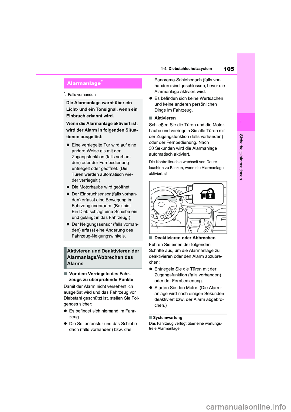 TOYOTA RAV4 2020  Betriebsanleitungen (in German) 105
1 
1-4. Diebstahlschutzsystem
Sicherheitsinformationen
*: Falls vorhanden
■Vor dem Verriegeln des Fahr- 
zeugs zu überprüfende Punkte 
Damit der Alarm nicht versehentlich  
ausgelöst wird und