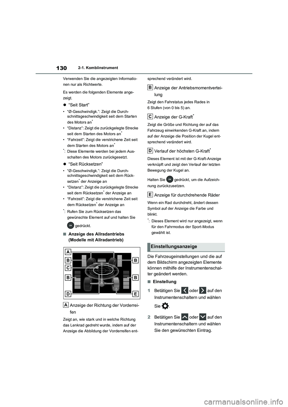 TOYOTA RAV4 2020  Betriebsanleitungen (in German) 1302-1. Kombiinstrument
Verwenden Sie die angezeigten Informatio-
nen nur als Richtwerte.
Es werden die folgenden Elemente ange-
zeigt.
“Seit Start”
• “Ø-Geschwindigk.”: Zeigt die Durch-