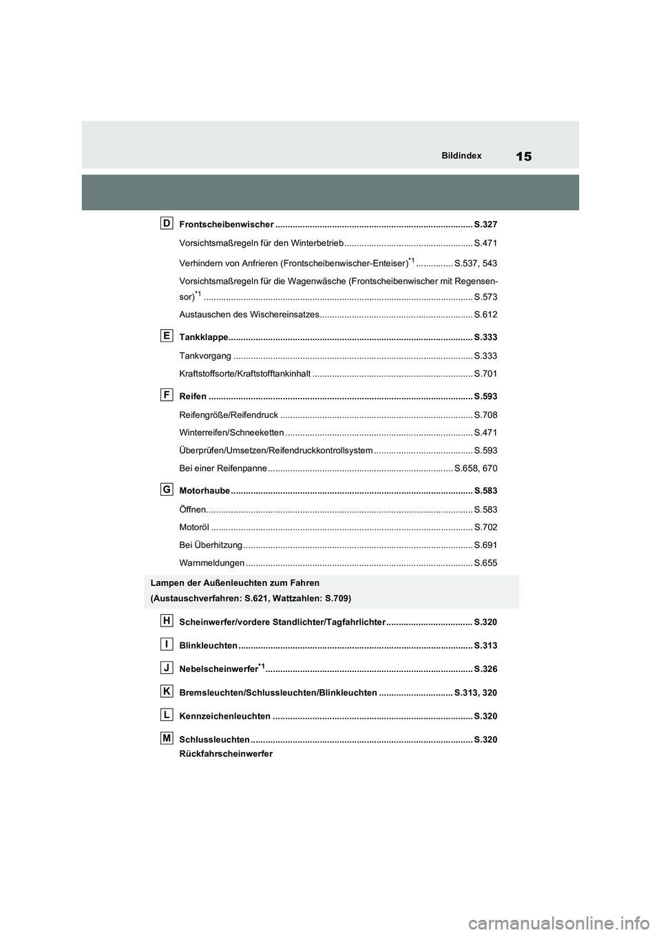 TOYOTA RAV4 2020  Betriebsanleitungen (in German) 15Bildindex
Frontscheibenwischer ................................................................................ S.327
Vorsichtsmaßregeln für den Winterbetrieb .....................................