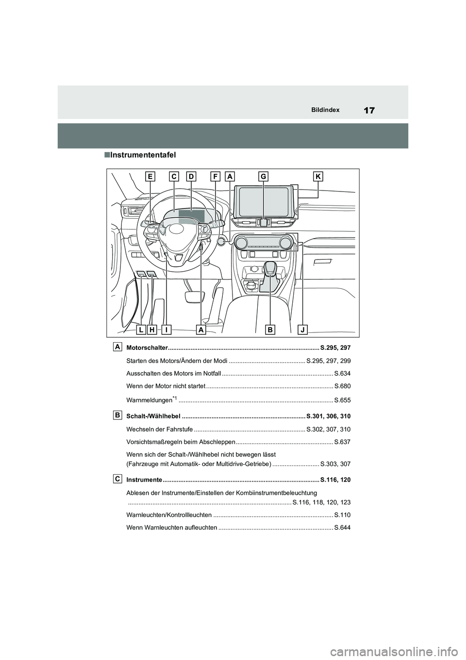 TOYOTA RAV4 2020  Betriebsanleitungen (in German) 17Bildindex
■Instrumententafel
Motorschalter....................................................................................... S.295, 297
Starten des Motors/Ändern der Modi ...................