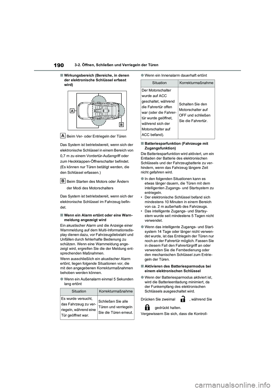 TOYOTA RAV4 2020  Betriebsanleitungen (in German) 1903-2. Öffnen, Schließen und Verriegeln der Türen
■Wirkungsbereich (Bereiche, in denen  der elektronische Schlüssel erfasst  
wird) 
Beim Ver- oder Entriegeln der Türen 
Das System ist betrieb