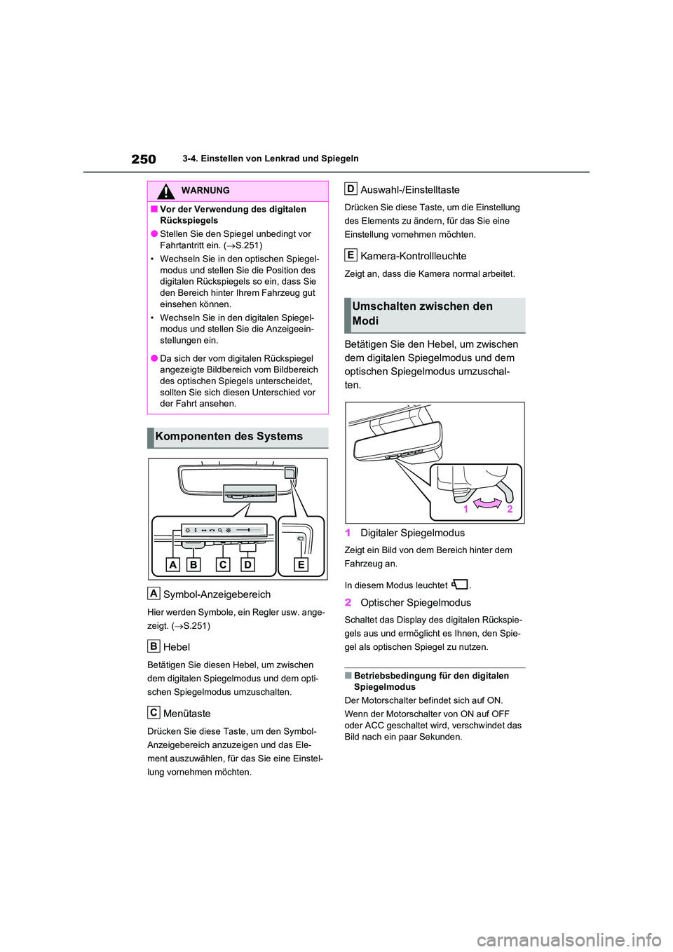 TOYOTA RAV4 2020  Betriebsanleitungen (in German) 2503-4. Einstellen von Lenkrad und Spiegeln
Symbol-Anzeigebereich
Hier werden Symbole, ein Regler usw. ange- 
zeigt. ( S.251)
Hebel
Betätigen Sie diesen Hebel, um zwischen  
dem digitalen Spiegelm