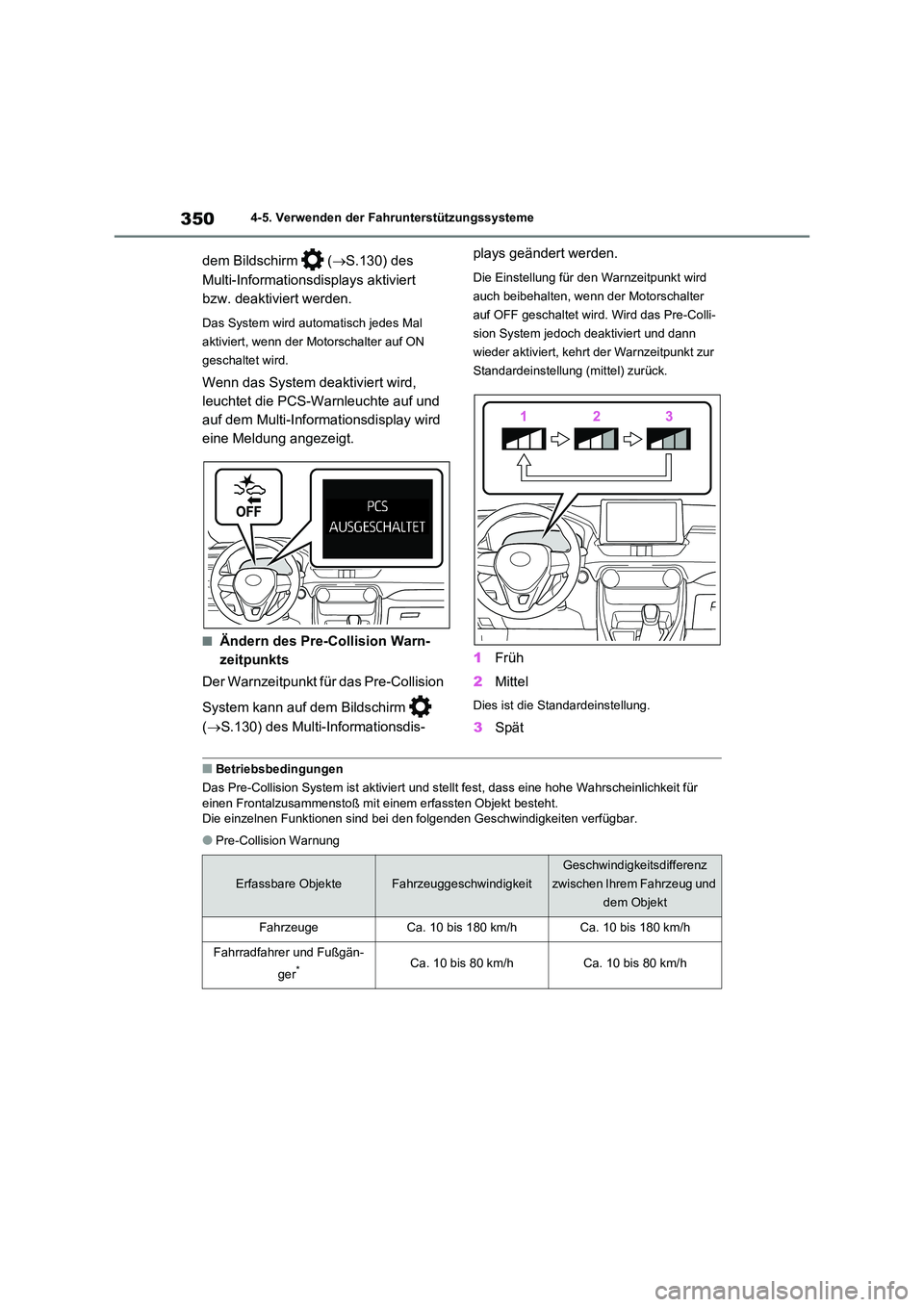 TOYOTA RAV4 2020  Betriebsanleitungen (in German) 3504-5. Verwenden der Fahrunterstützungssysteme
dem Bildschirm   (S.130) des  
Multi-Informationsdisplays aktiviert  
bzw. deaktiviert werden.
Das System wird automatisch jedes Mal  
aktiviert, we