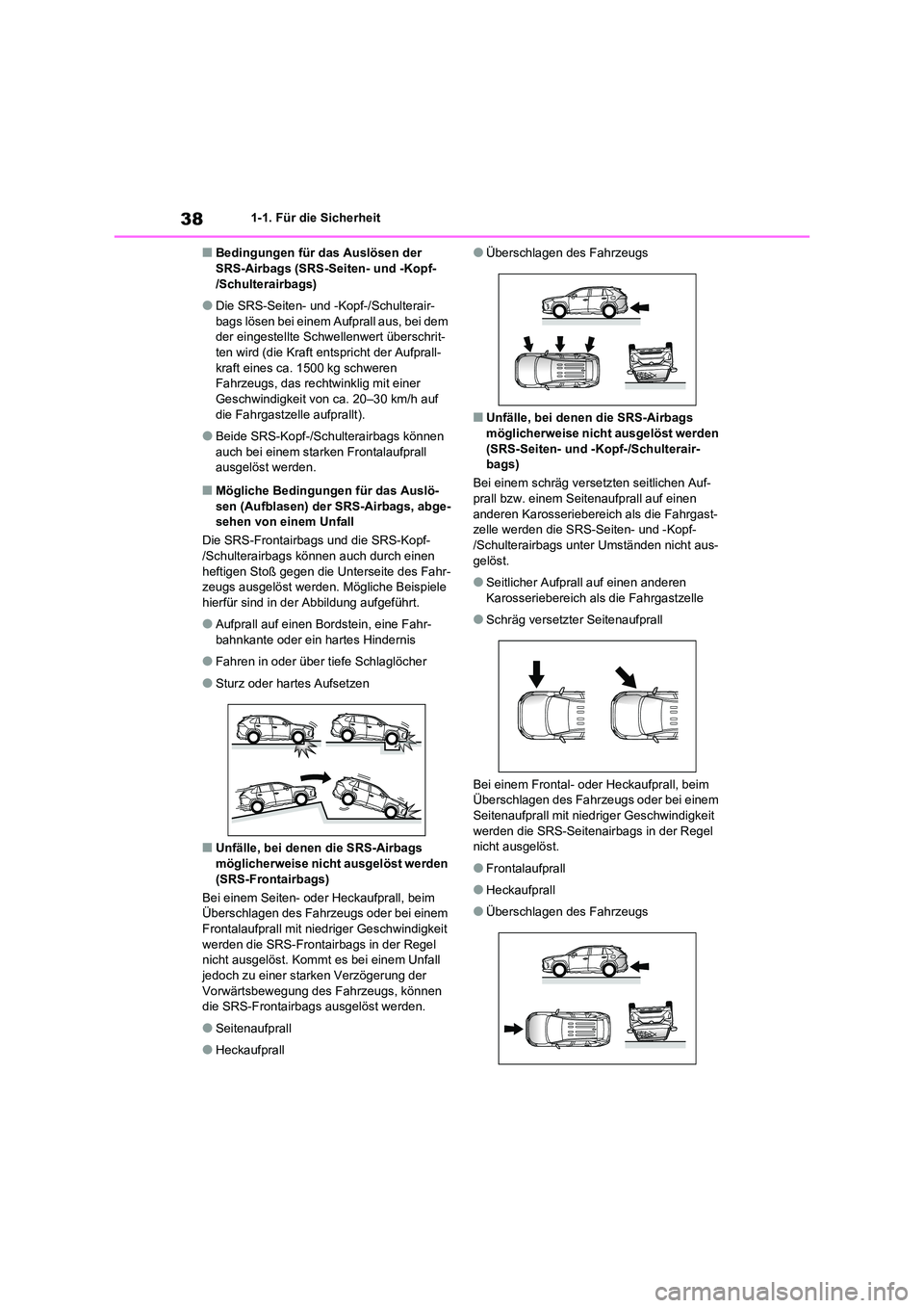 TOYOTA RAV4 2020  Betriebsanleitungen (in German) 381-1. Für die Sicherheit
■Bedingungen für das Auslösen der  SRS-Airbags (SRS-Seiten- und -Kopf- 
/Schulterairbags)
●Die SRS-Seiten- und -Kopf-/Schulterair-
bags lösen bei einem Aufprall aus, 