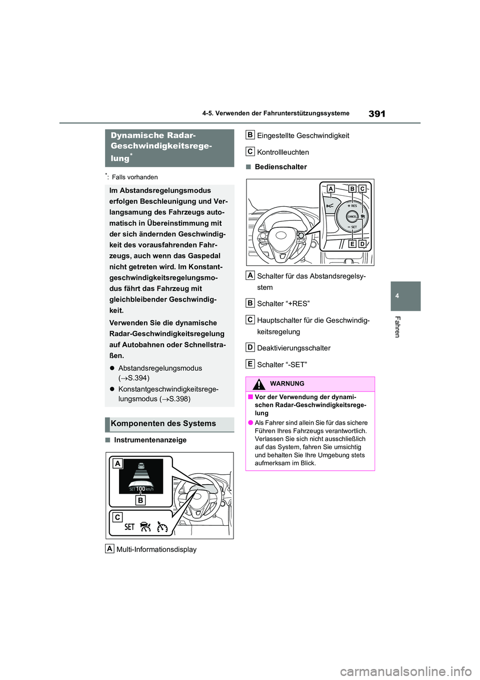 TOYOTA RAV4 2020  Betriebsanleitungen (in German) 391
4 
4-5. Verwenden der Fahrunterstützungssysteme
Fahren
*: Falls vorhanden
■Instrumentenanzeige 
Multi-Informationsdisplay 
Eingestellte Geschwindigkeit 
Kontrollleuchten
■Bedienschalter 
Scha