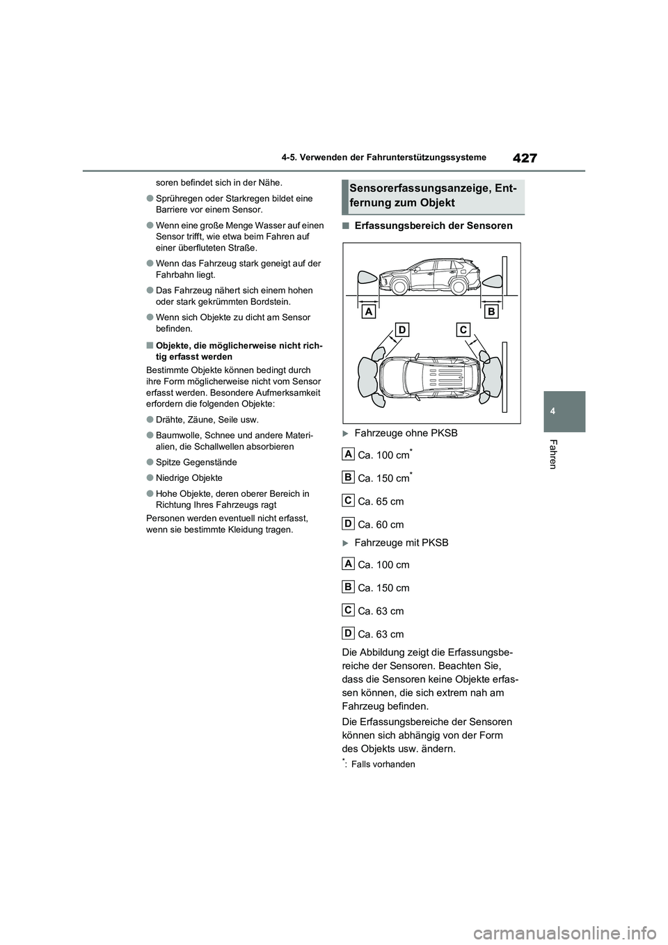 TOYOTA RAV4 2020  Betriebsanleitungen (in German) 427
4 4-5. Verwenden der Fahrunterstützungssysteme
Fahren
soren befindet sich in der Nähe.
●Sprühregen oder Starkregen bildet eine 
Barriere vor einem Sensor.
●Wenn eine große Menge Wasser auf