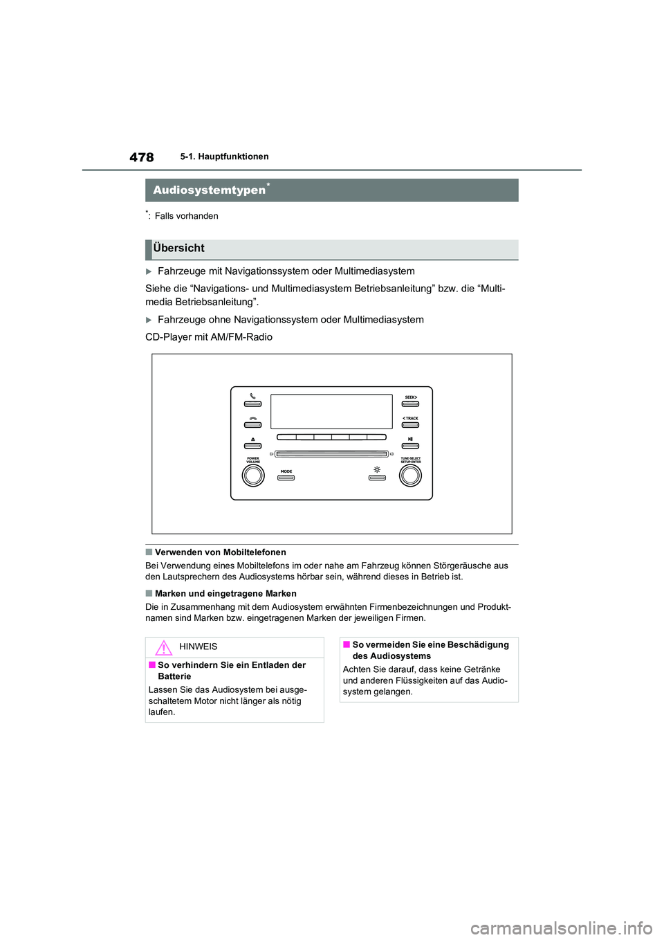 TOYOTA RAV4 2020 Betriebsanleitungen (in German) 4785-1. Hauptfunktionen
5-1.Hauptfunktionen
*: Falls vorhanden
Fahrzeuge mit Navigationssystem oder Multimediasystem
Siehe die “Navigations- und Multimediasystem Betriebsanleitung” bzw. die TOYOTA RAV4 2020 Betriebsanleitungen (in German) 4785-1. Hauptfunktionen
5-1.Hauptfunktionen
*: Falls vorhanden
Fahrzeuge mit Navigationssystem oder Multimediasystem
Siehe die “Navigations- und Multimediasystem Betriebsanleitung” bzw. die