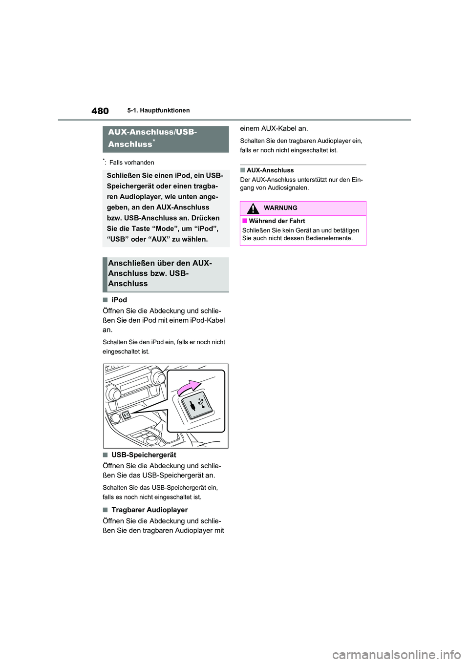 TOYOTA RAV4 2020 Betriebsanleitungen (in German) 4805-1. Hauptfunktionen
*: Falls vorhanden
■iPod
Öffnen Sie die Abdeckung und schlie-
ßen Sie den iPod mit einem iPod-Kabel
an.
Schalten Sie den iPod ein, falls er noch nicht
eingeschaltet is TOYOTA RAV4 2020 Betriebsanleitungen (in German) 4805-1. Hauptfunktionen
*: Falls vorhanden
■iPod
Öffnen Sie die Abdeckung und schlie-
ßen Sie den iPod mit einem iPod-Kabel
an.
Schalten Sie den iPod ein, falls er noch nicht
eingeschaltet is