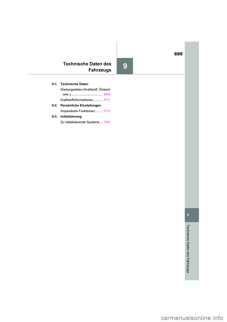 TOYOTA RAV4 2020  Betriebsanleitungen (in German) 9
695
9
Technische Daten des Fahrzeugs
Technische Daten des 
Fahrzeugs
9-1. Technische Daten 
Wartungsdaten (Kraftstoff, Ölstand  
usw.).................................... 696 
Kraftstoffinformation