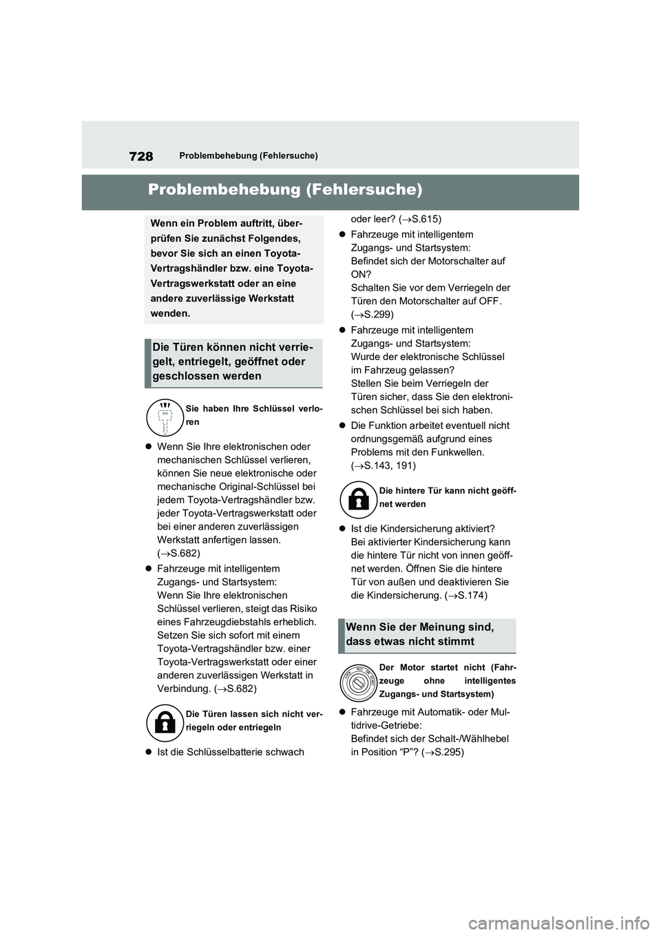 TOYOTA RAV4 2020  Betriebsanleitungen (in German) 728Problembehebung (Fehlersuche)
1-1.Problembehebung (Fehlersuche)Problembehebung (Fehlersuche)
Wenn Sie Ihre elektronischen oder 
mechanischen Schlüssel verlieren, 
können Sie neue elektronische