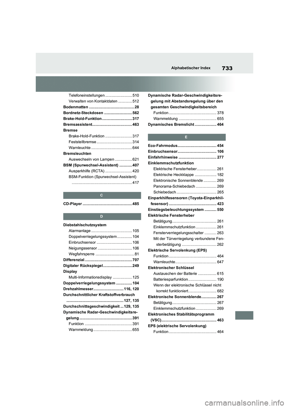 TOYOTA RAV4 2020  Betriebsanleitungen (in German) 733Alphabetischer Index
Telefoneinstellungen ......................... 510
Verwalten von Kontaktdaten ............. 512
Bodenmatten .......................................... 28
Bordnetz-Steckdosen ..