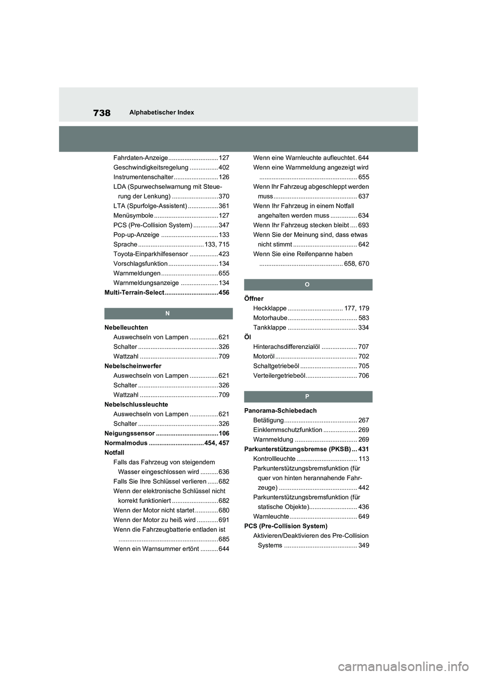 TOYOTA RAV4 2020  Betriebsanleitungen (in German) 738Alphabetischer Index
Fahrdaten-Anzeige............................ 127
Geschwindigkeitsregelung ................ 402
Instrumentenschalter ......................... 126
LDA (Spurwechselwarnung mit S