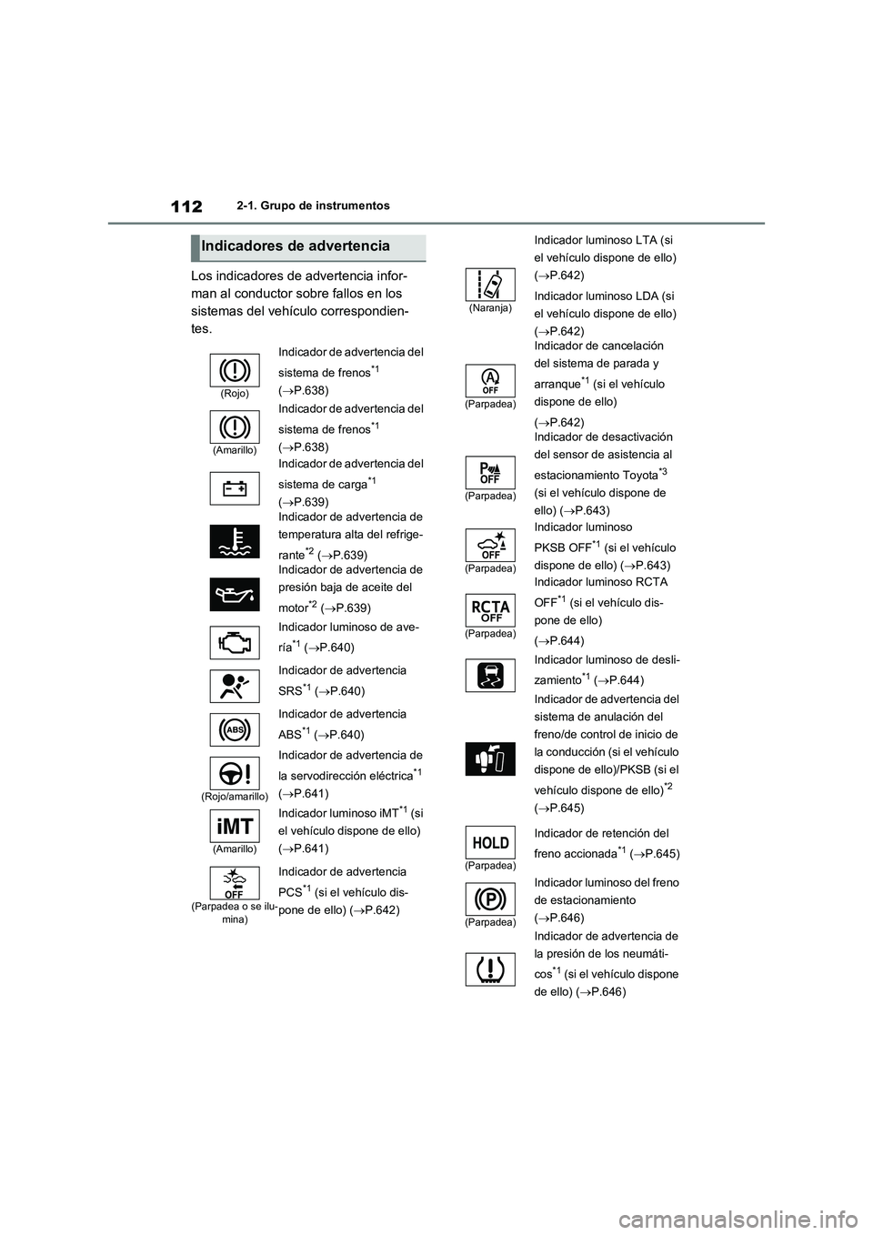 TOYOTA RAV4 2020 Manual del propietario (in Spanish) 1122-1. Grupo de instrumentos
Los indicadores de advertencia infor-
man al conductor sobre fallos en los
sistemas del vehículo correspondien-
tes.
Indicadores de advertencia
(Rojo)
Indicador de adve TOYOTA RAV4 2020 Manual del propietario (in Spanish) 1122-1. Grupo de instrumentos
Los indicadores de advertencia infor-
man al conductor sobre fallos en los
sistemas del vehículo correspondien-
tes.
Indicadores de advertencia
(Rojo)
Indicador de adve