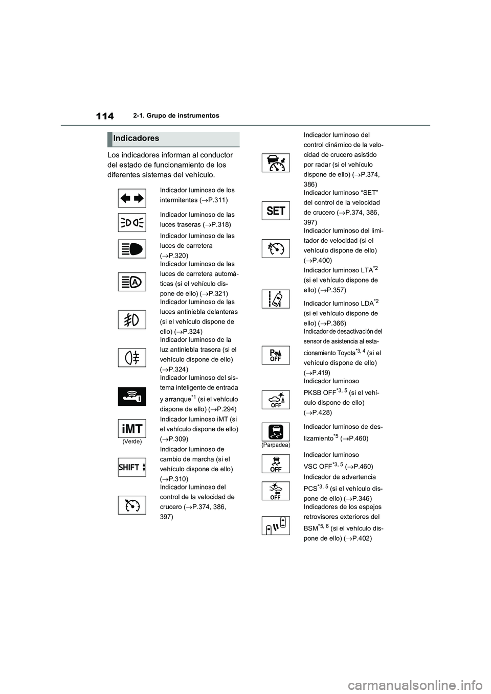 TOYOTA RAV4 2020 Manual del propietario (in Spanish) 1142-1. Grupo de instrumentos
Los indicadores informan al conductor
del estado de funcionamiento de los
diferentes sistemas del vehículo.
Indicadores
Indicador luminoso de los
intermitentes (P. TOYOTA RAV4 2020 Manual del propietario (in Spanish) 1142-1. Grupo de instrumentos
Los indicadores informan al conductor
del estado de funcionamiento de los
diferentes sistemas del vehículo.
Indicadores
Indicador luminoso de los
intermitentes (P.